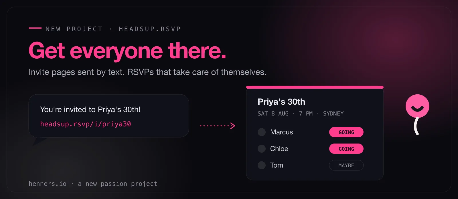 A text message carrying a headsup.rsvp invite link next to a mini invite page tracking guest RSVPs