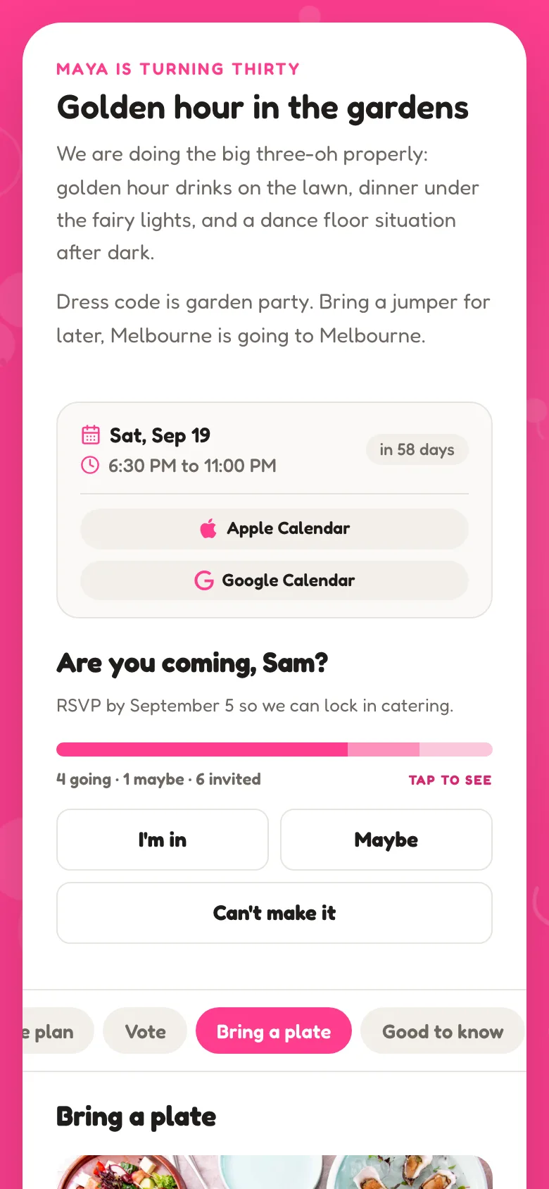 A HeadsUp invite page for a garden birthday party, asking Sam whether they're coming