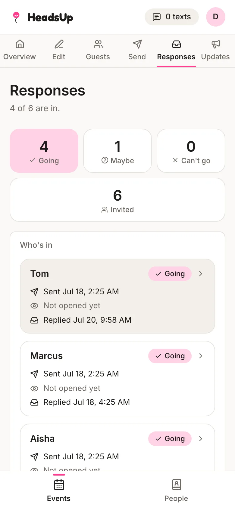 HeadsUp host view: 4 of 6 guests are in, with each guest's sent, opened and replied status